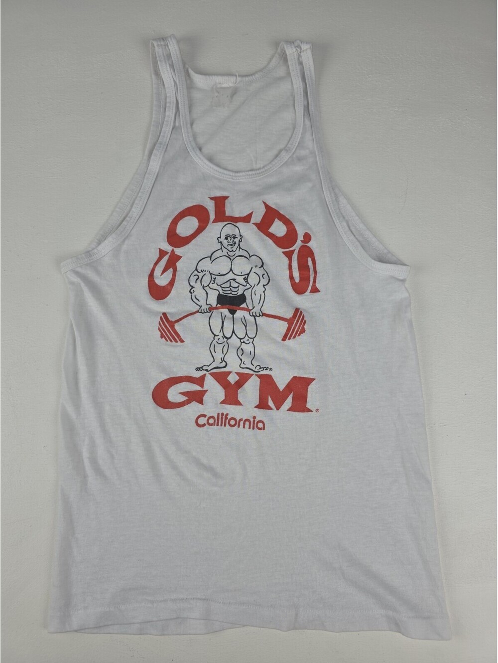 Vtg 80s Golds Gym California Stringer Tank S/M White Single Stitch Muscle Shirt